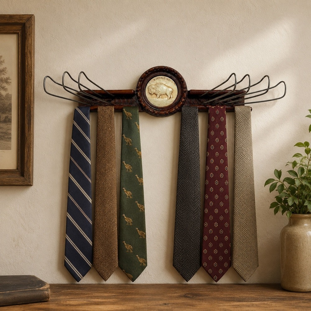 Vintage Buffalo NY Wall Mounted Tie Belt Rack Wood Metal Rustic Western Decor